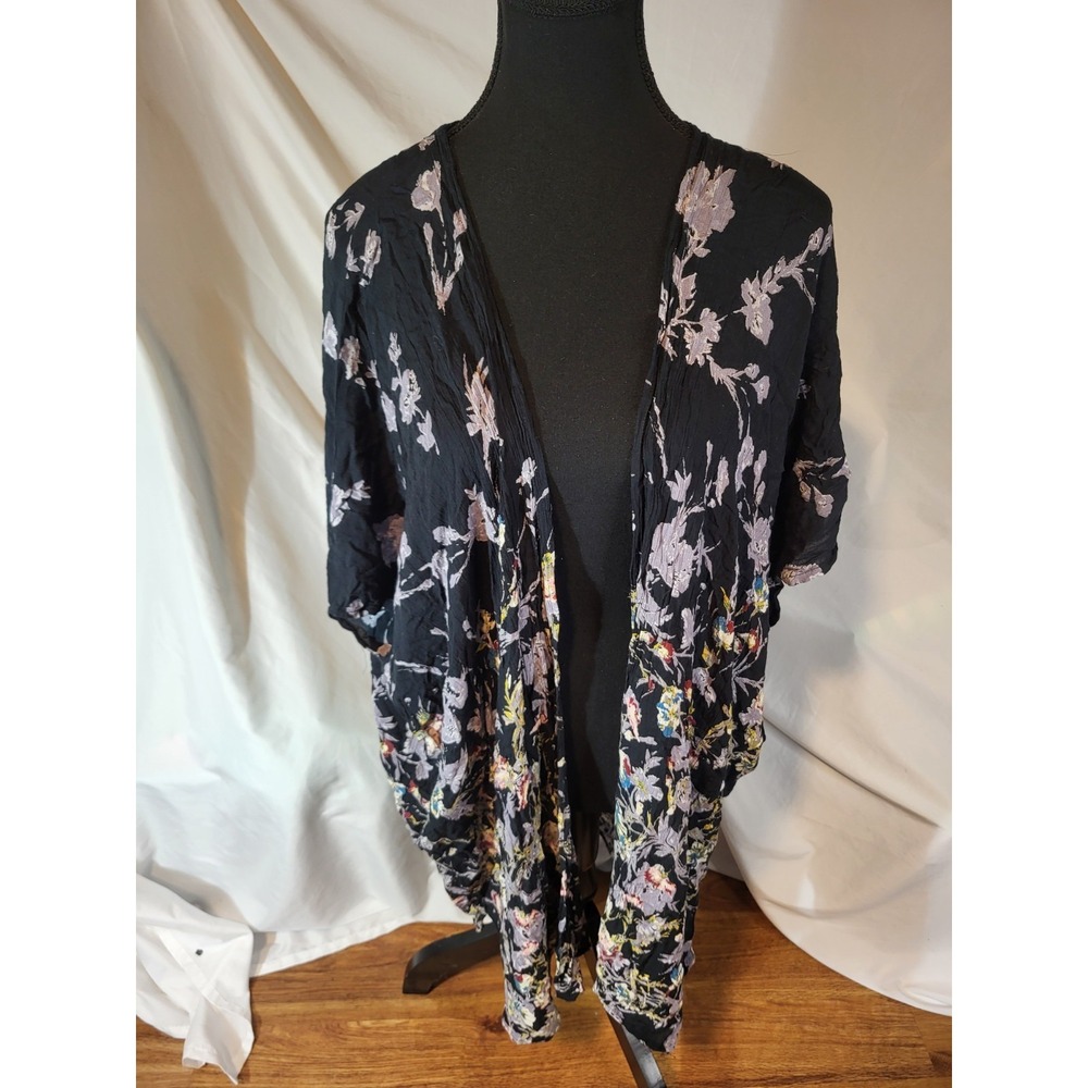 Vintage 90s‎ Y2K Angie Kimono Cardigan S Open Front Boho Floral Black Crepe